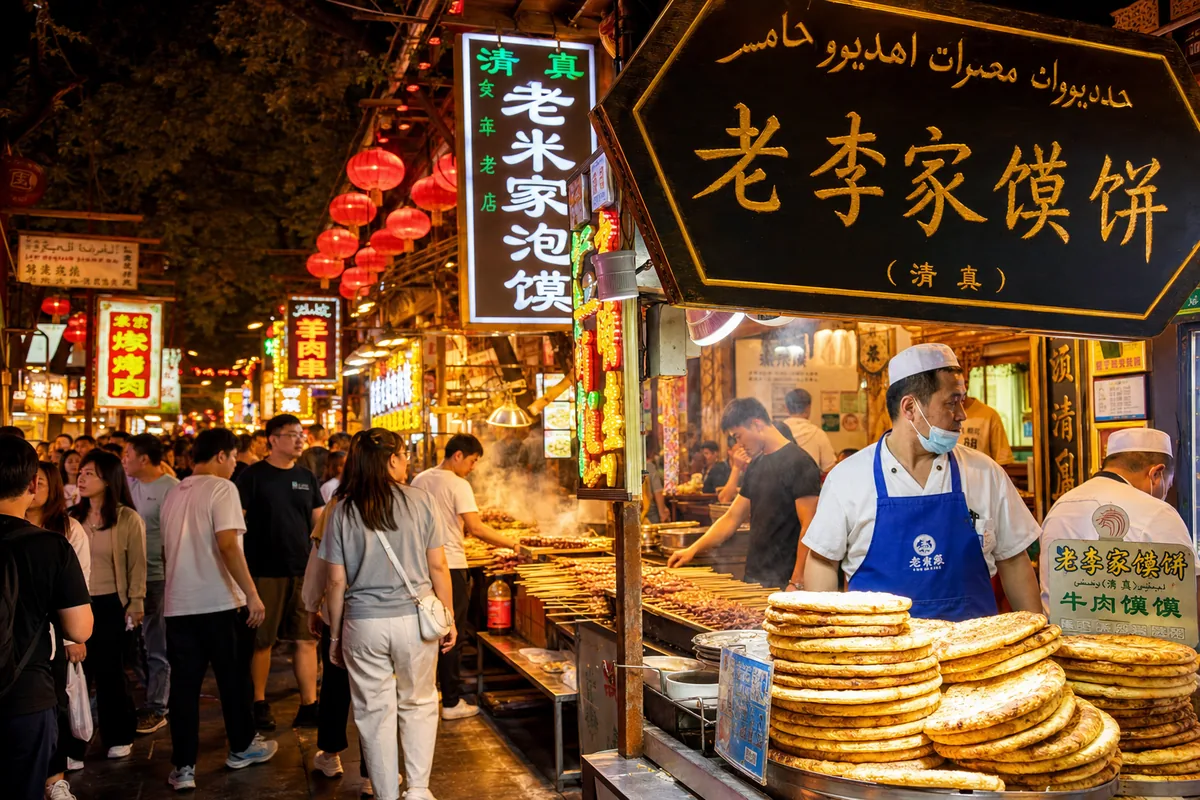 Evening crowds and food stalls under red lanterns in Xi'an's Muslim Quarter
