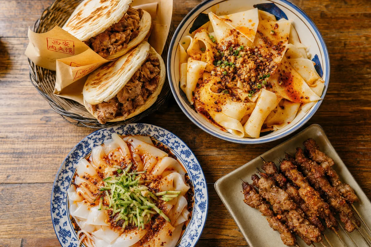 A spread of Xi'an specialties including roujiamo, biangbiang noodles and cold liangpi noodles