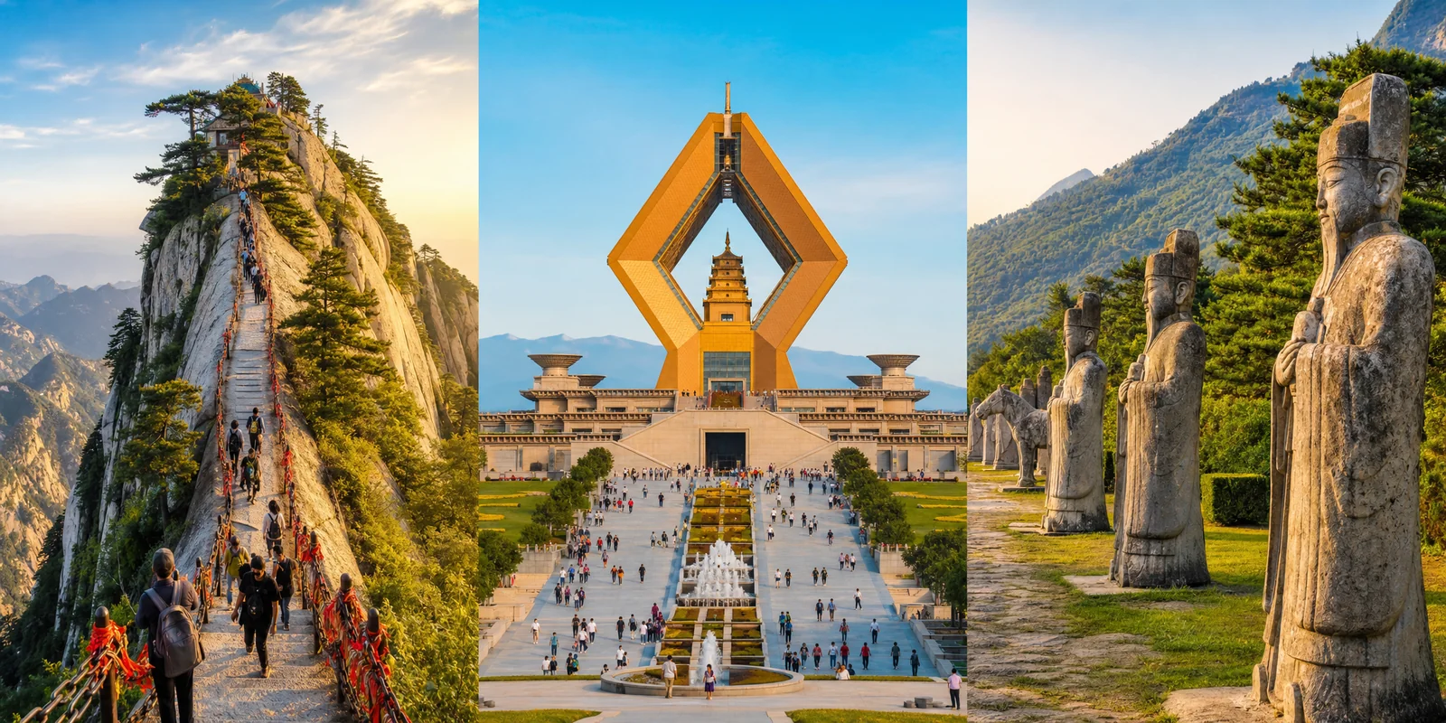 Collage of Xi'an day trip destinations: Mount Huashan cliffs, Famen Temple dagoba, and Qianling stone statues