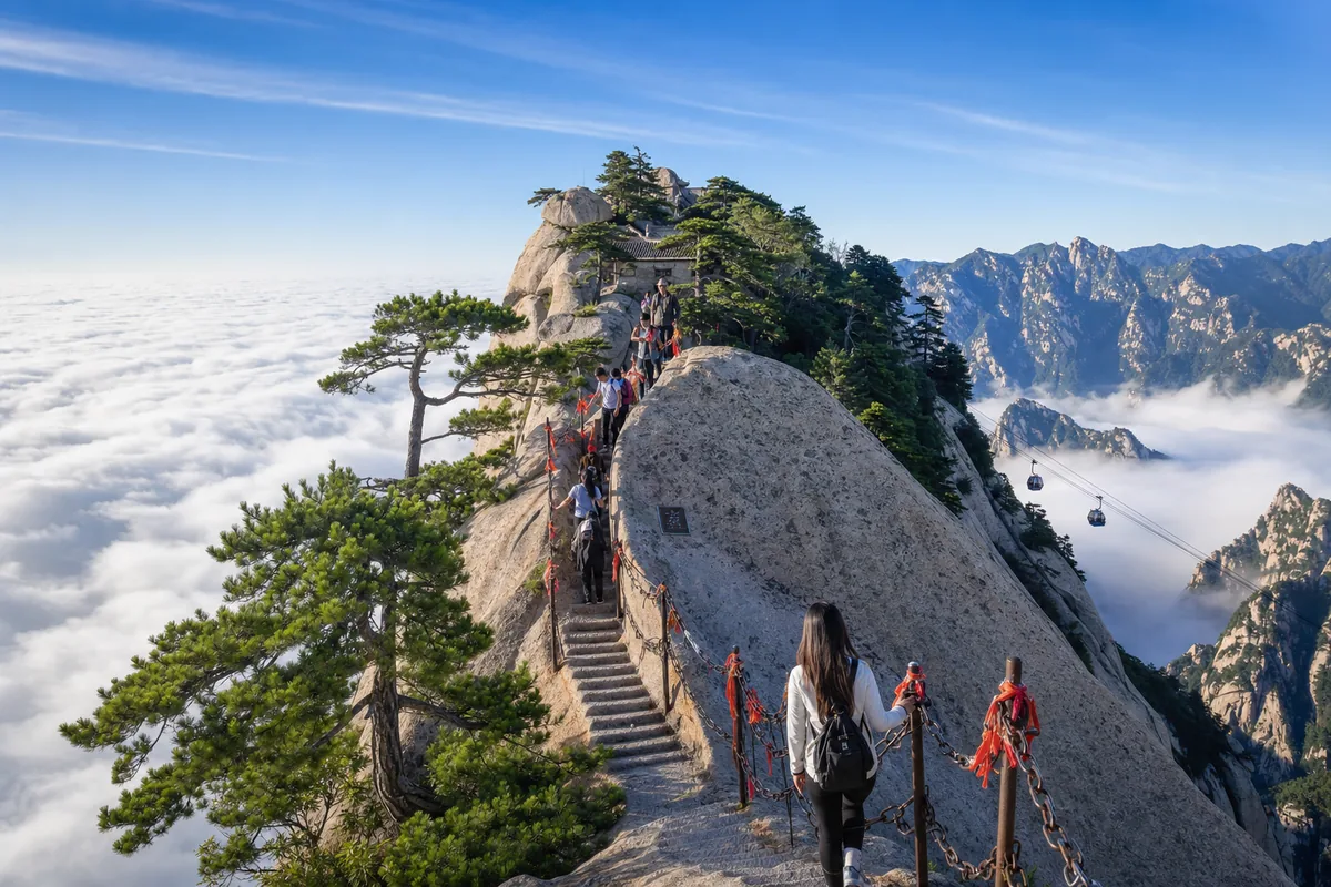 Steep granite ridge trail with chains and stone steps on Mount Huashan near Xi'an