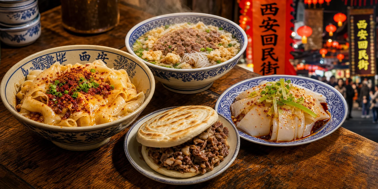 Xi'an food spread with oil-splashed biangbiang noodles, roujiamo, liangpi and a bowl of lamb paomo
