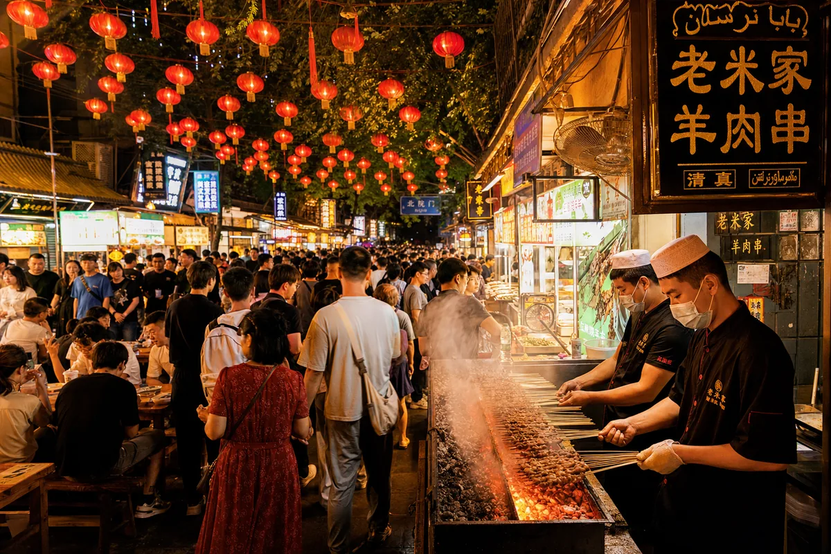 Beiyuanmen street in Xi'an Muslim Quarter at night with red lanterns and food stalls