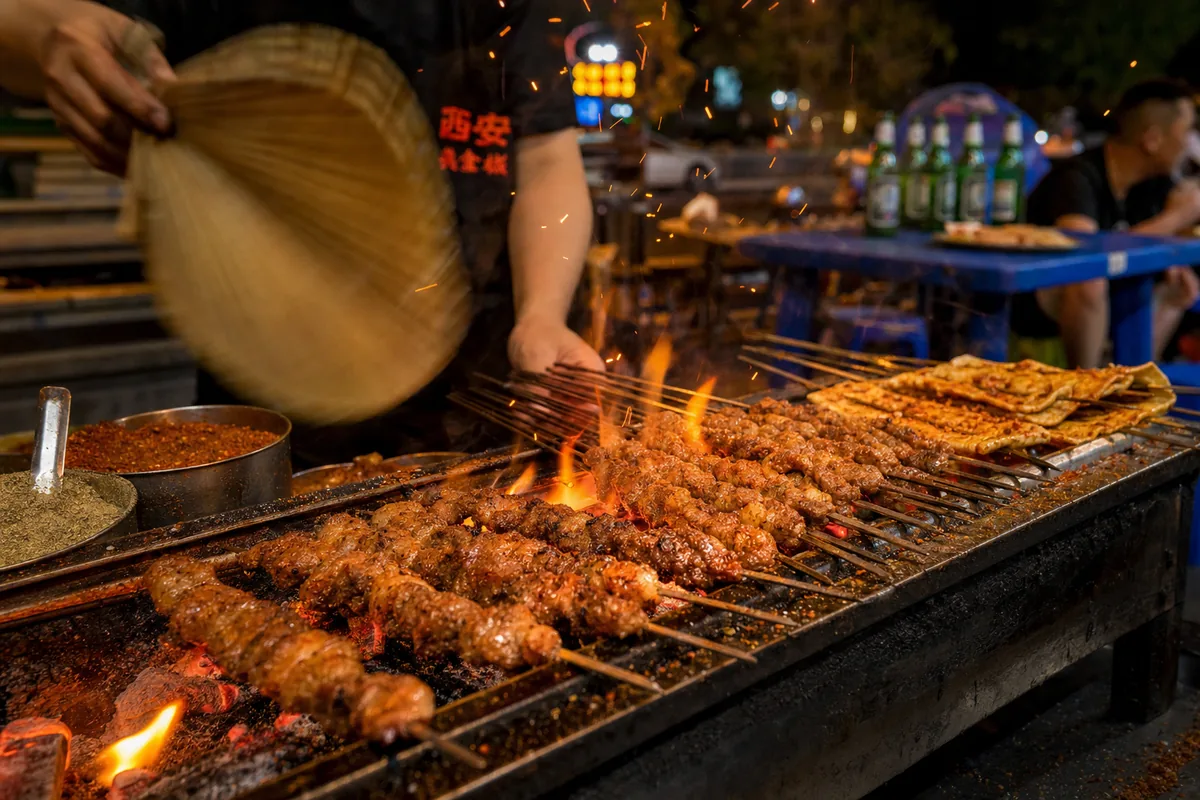 Night market grill in Xi'an cooking cumin lamb skewers and grilled gluten