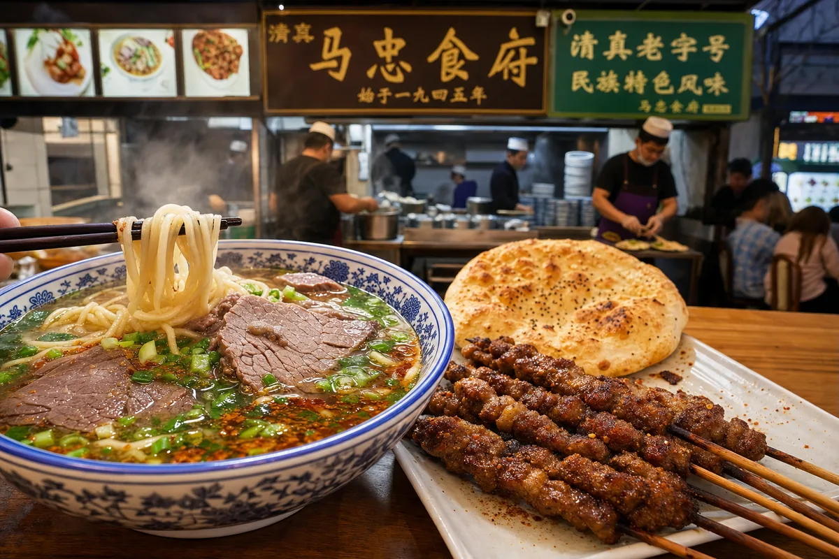 Xining street food including hand-pulled beef noodles and grilled mutton skewers