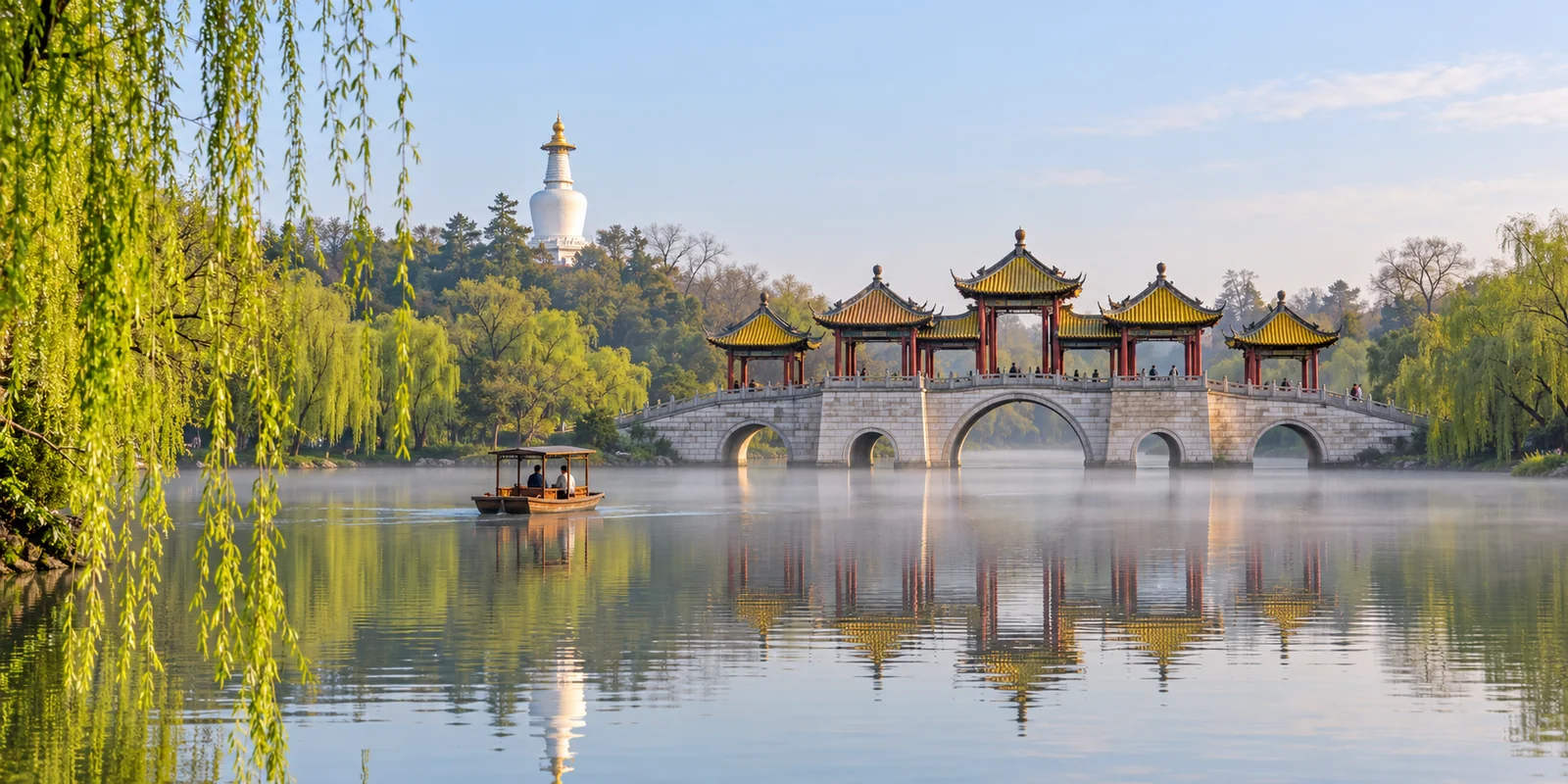 Five Pavilion Bridge and the White Pagoda on Slender West Lake in Yangzhou, early morning with willows on the bank