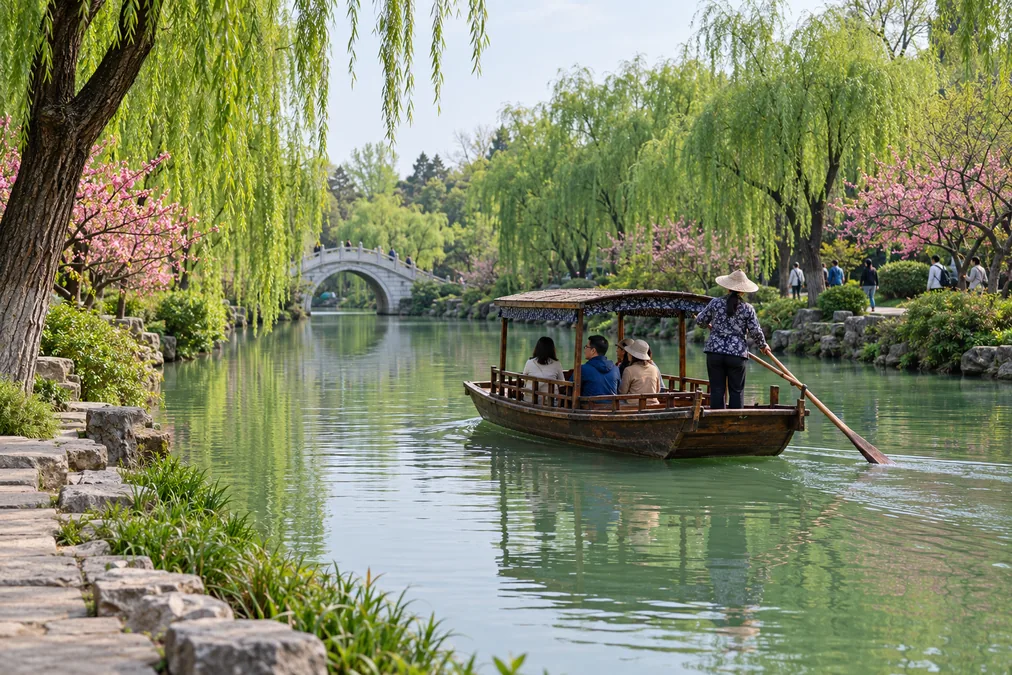 A hand-rowed wooden boat with visitors on the narrow, willow-lined waterway of Slender West Lake
