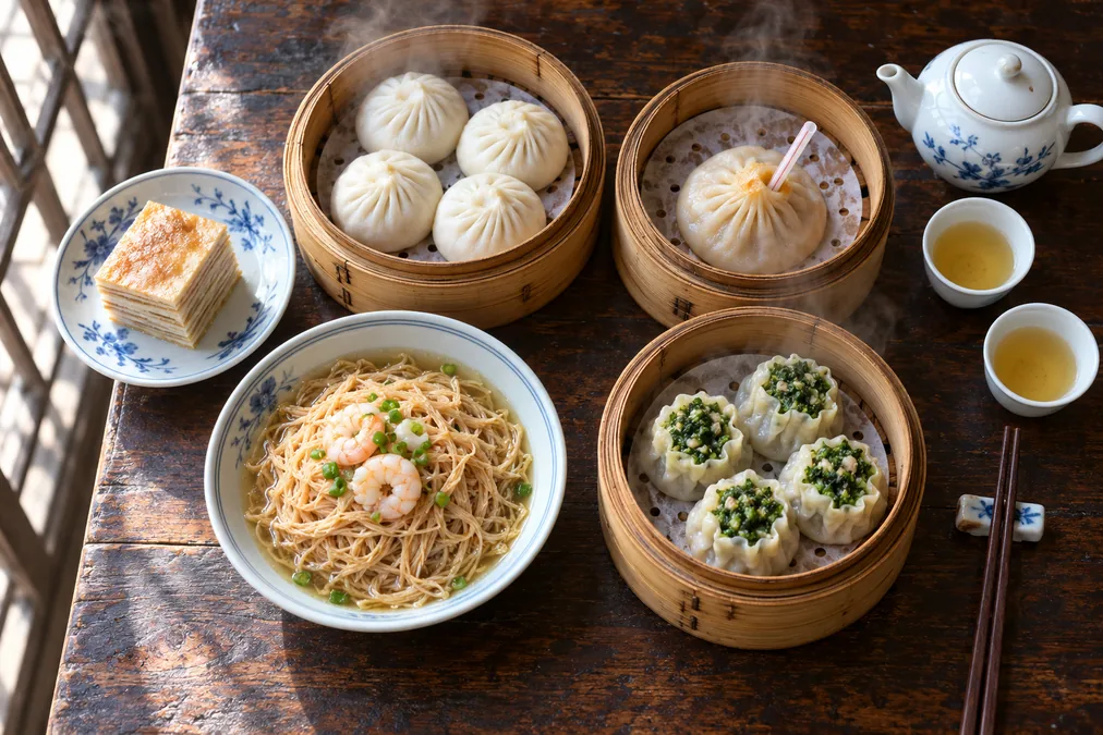 Yangzhou morning tea on a wooden table: steamed buns, a soup dumpling with a straw, green shaomai, tofu shreds and tea