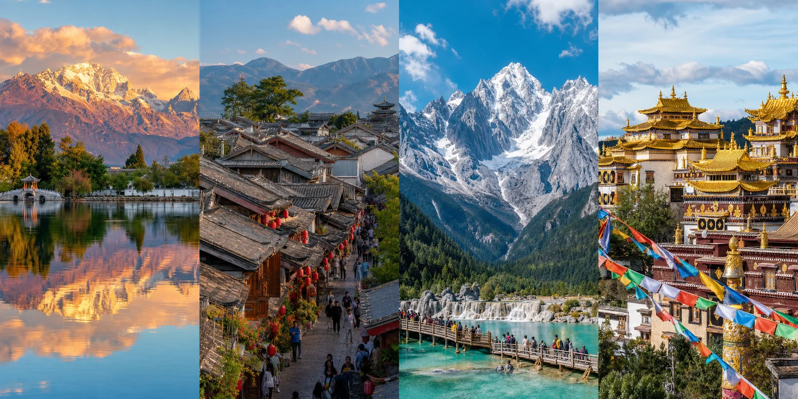 Yunnan travel highlights: Erhai Lake in Dali, Lijiang old town rooftops, Jade Dragon Snow Mountain, and a Tibetan monastery in Shangri-La