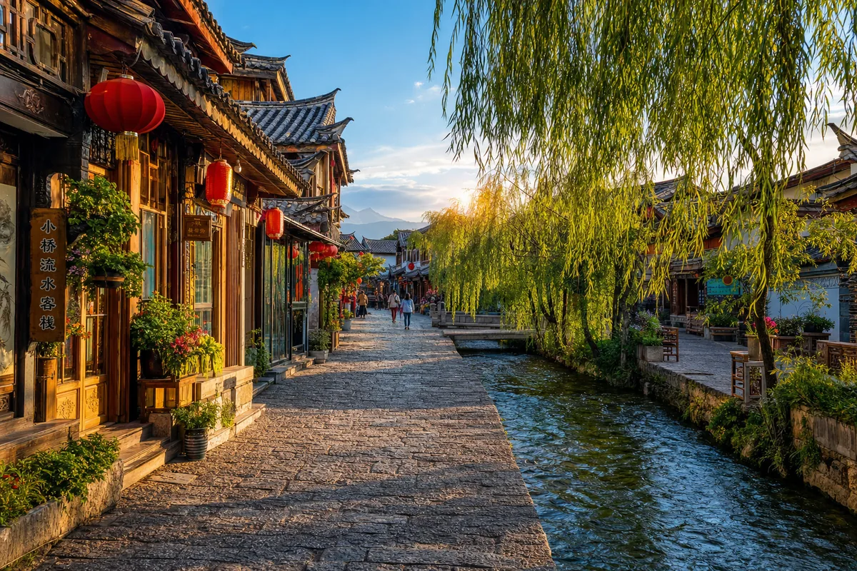 Early morning in Lijiang old town with cobbled lanes, canals, and wooden Naxi houses