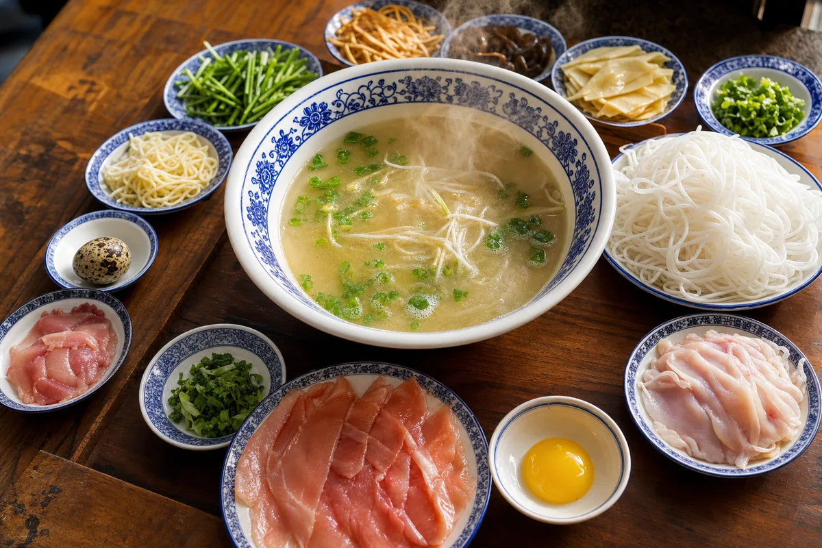 Crossing-the-bridge rice noodles with a bowl of hot broth and side plates of raw ingredients