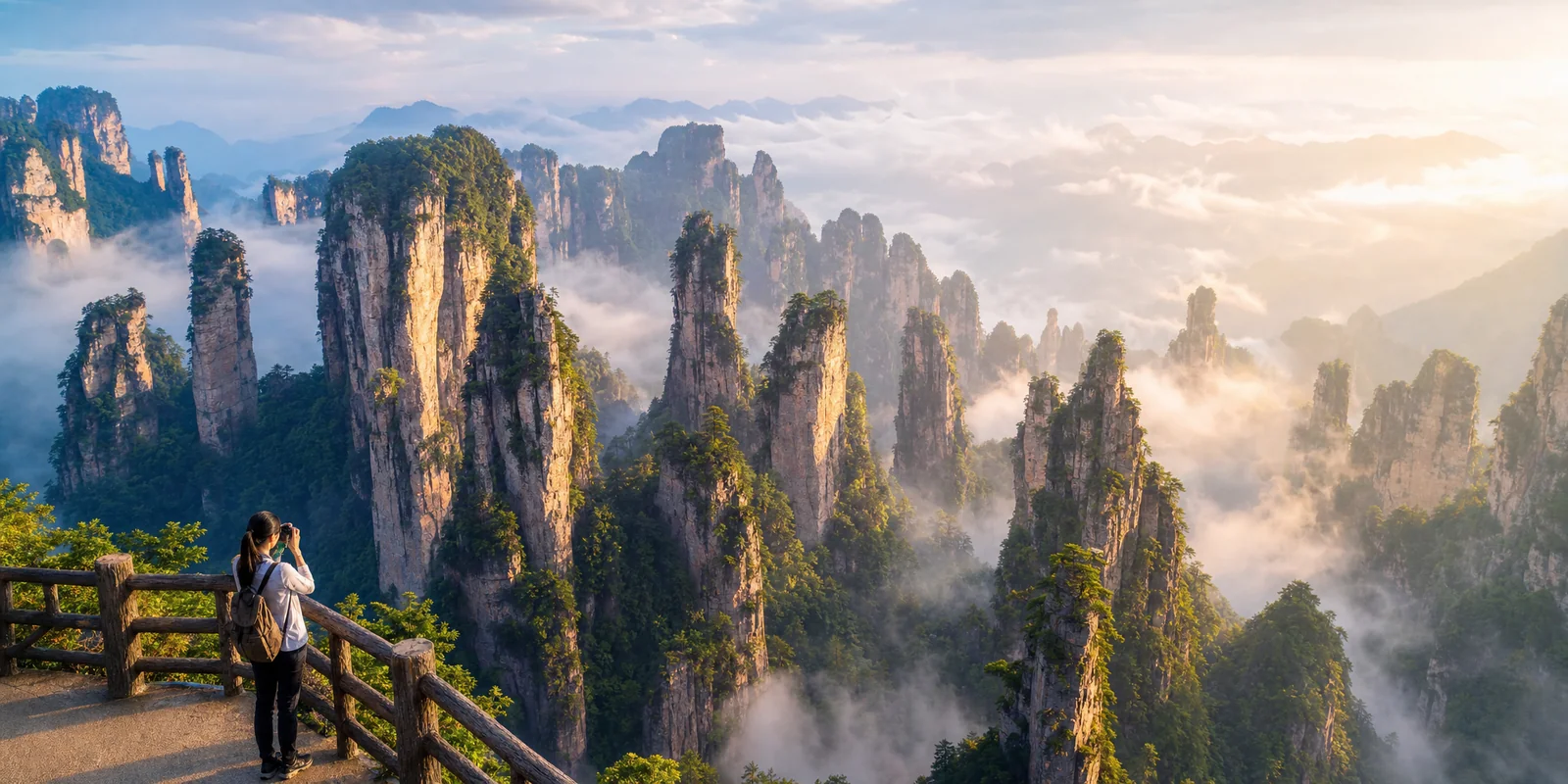 Mist-wrapped sandstone pillars of Zhangjiajie National Park, the inspiration for Avatar's floating mountains