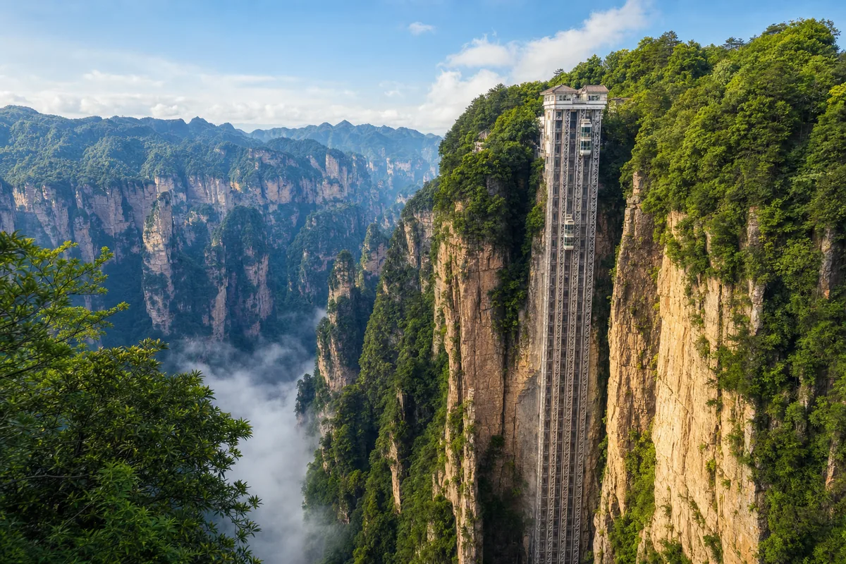 The Bailong Elevator, a glass lift on a cliff face in Zhangjiajie National Forest Park