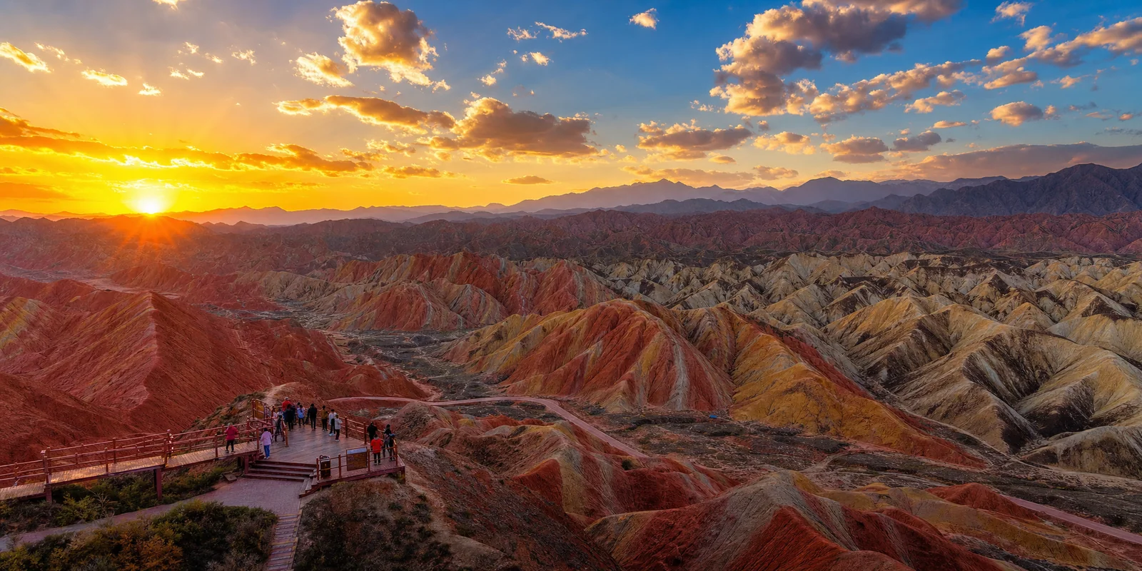 Striped red and orange Rainbow Mountains at Zhangye Danxia Geopark glowing at sunset