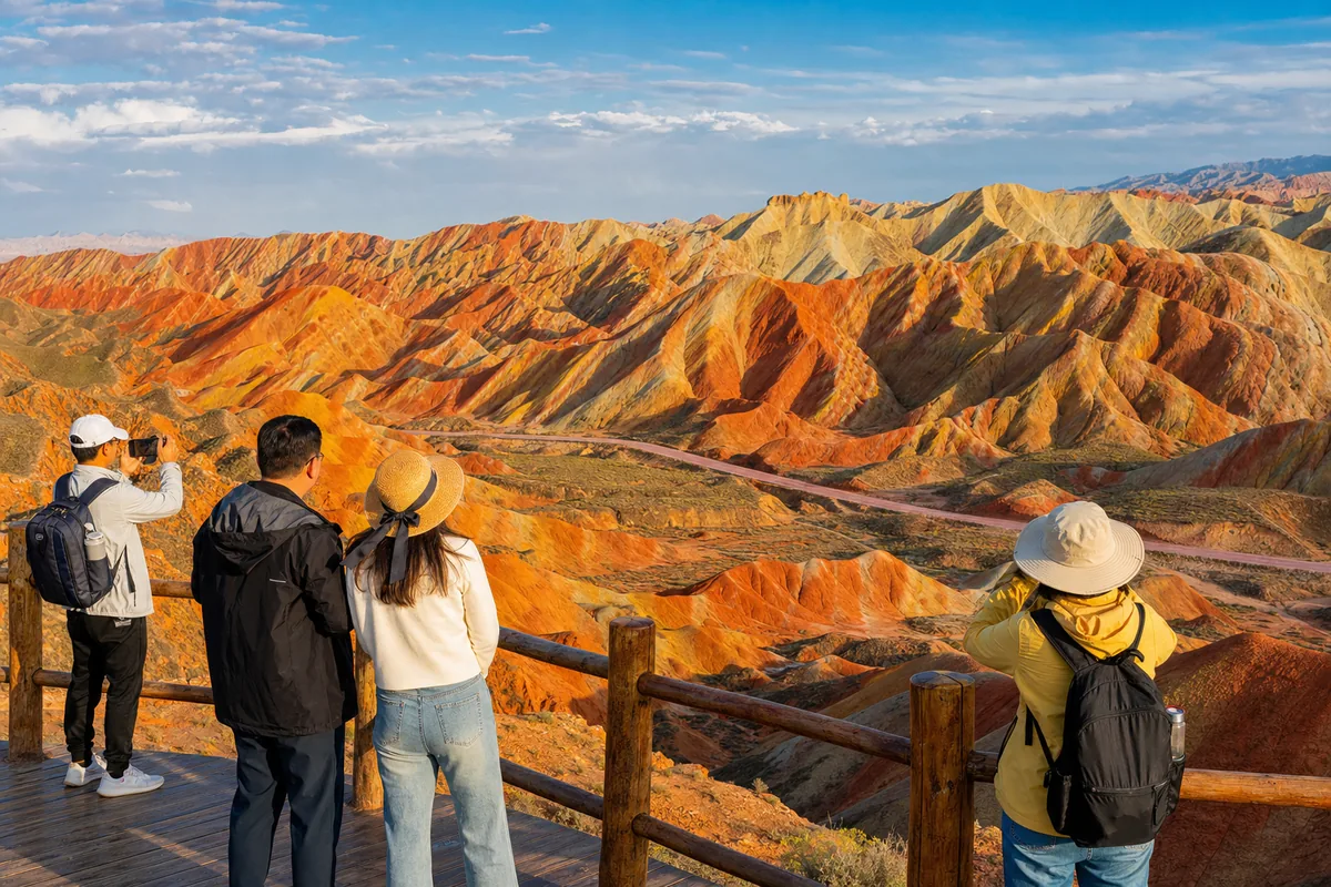 Visitors on a boardwalk viewing platform overlooking colorful Danxia rock formations