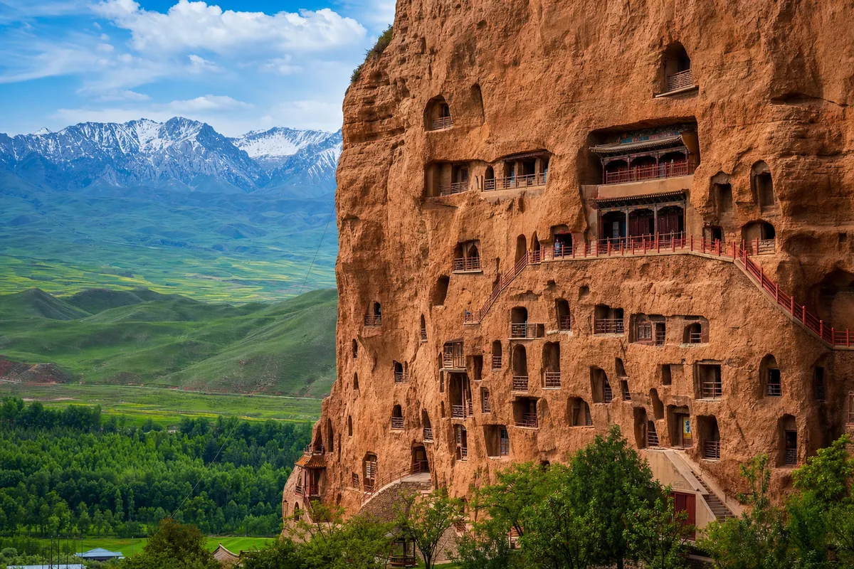 Mati Temple grottoes carved into a sandstone cliff face near Zhangye with grassland below