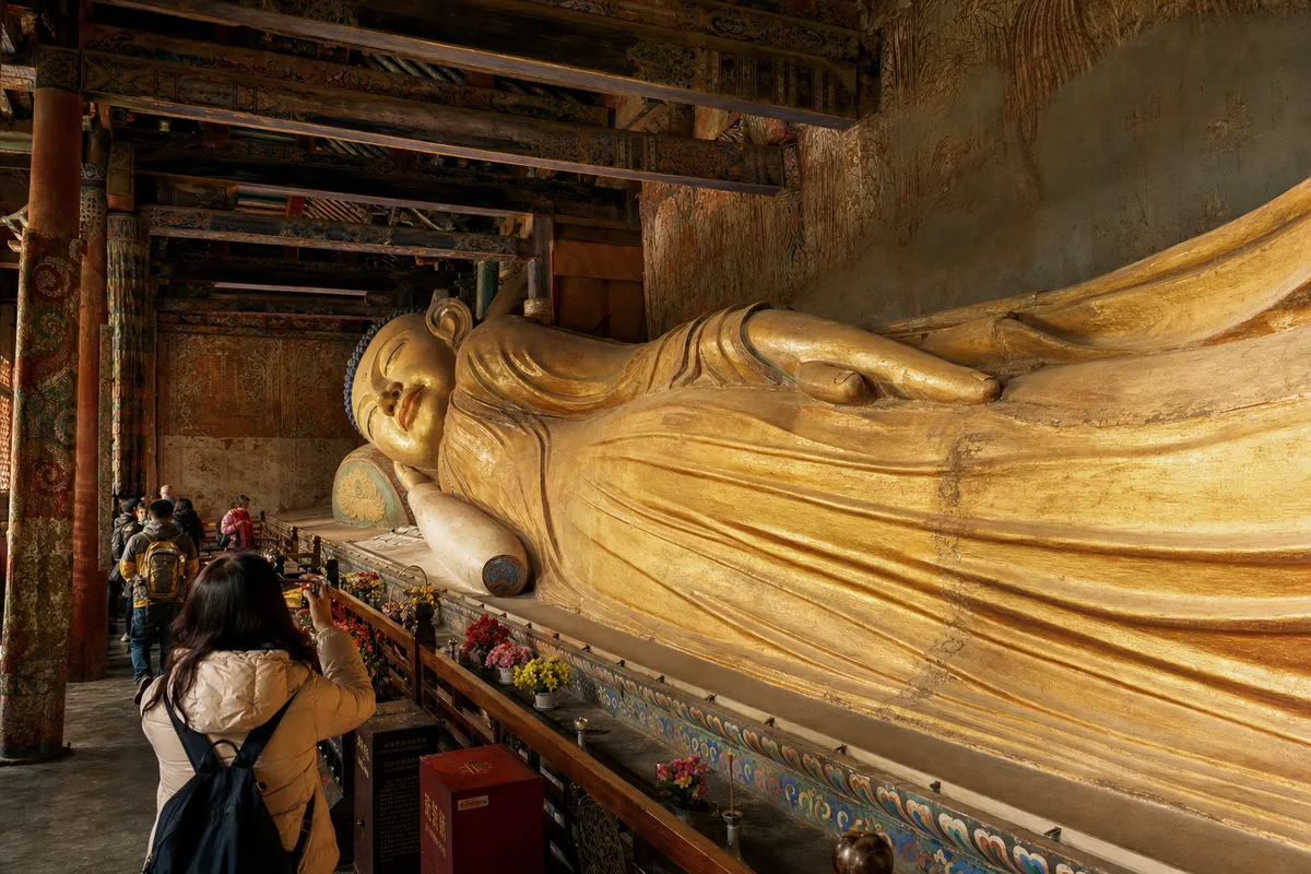 The giant reclining Buddha statue inside the Giant Buddha Temple in central Zhangye